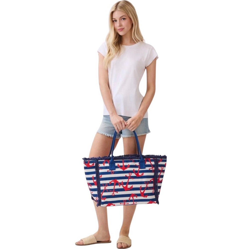 Red Anchor Navy Blue Striped Nautical Sailing Ocean Fringe 14.5" Tote Beach Bag